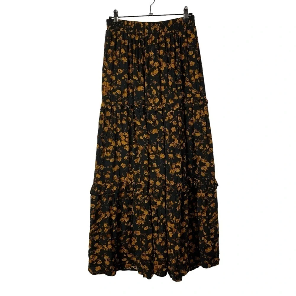 Universal Thread Black & Orange‎ Floral Tiered Maxi Skirt XS